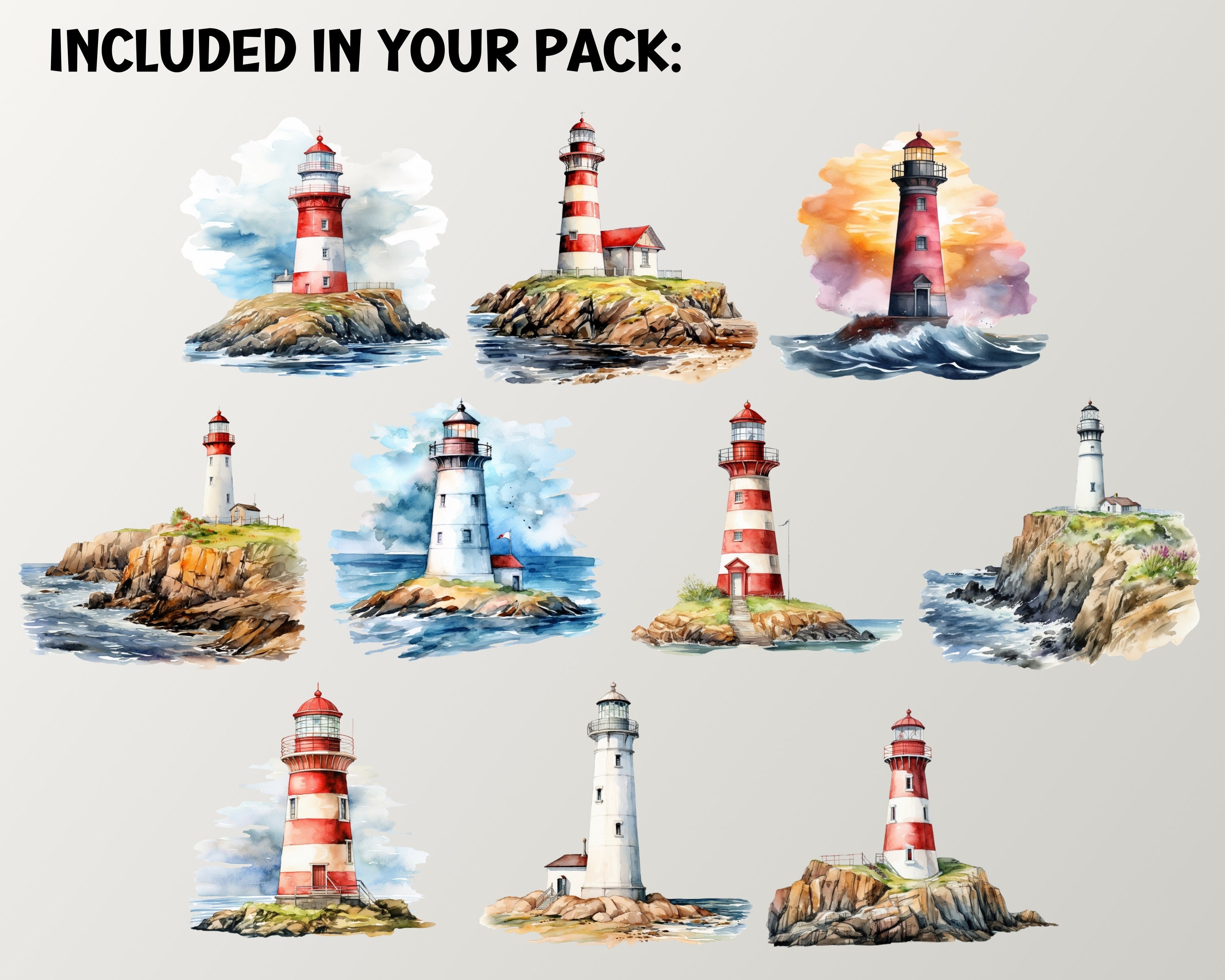 Coastal Lighthouses Watercolor Clipart, Digital & Paper Craft, Instant ...