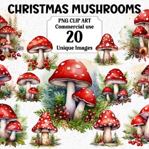 Kerstpaddestoelen aquarel clipart, ambachtelijke uitnodiging en kaartversieringen, rode kerstsublimatie - transparante png-bundel met digitale download