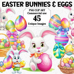 Osterhasen & Eier Clipart, niedlichen Cartoon-Kaninchen Kaninchen Digitales Handwerk, Sofort-Download, kommerzielle Nutzung Transparente PNG Sublimationspaket