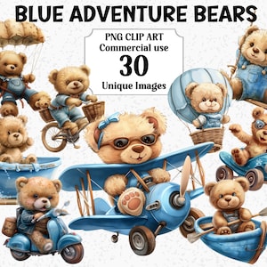 Blue Adventure Bears Clipart, Instant Download, Planes Cars Boats Bikes, Hot Air Balloon, Nursery Toddler Transparent PNG Sublimation bundle