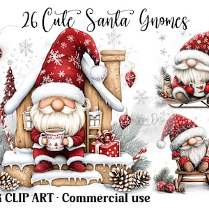 May include: Digital clip art featuring three Santa gnomes in a winter scene. The gnomes wear red hats and coats, holding mugs and gifts. The image includes the text "26 Cute Santa Gnomes" and "JPG CLIP ART - Commercial use".