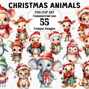 Leuke kerstdieren aquarel clipart, ambacht / kaarten scrapbooking sublimatie, instant download commercieel gebruik transparante png-bundel