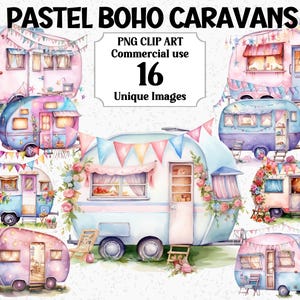 Clipart de aquarela Pastel Boho Caravanas Férias digitais fofas Camping Trailor Sublimação Download instantâneo Pacote PNG transparente comercial
