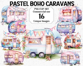 Peut inclure: Illustrations à l'aquarelle de caravanes bohèmes aux couleurs pastel. L'image présente plusieurs modèles uniques avec des accents floraux, des guirlandes et le texte "PASTEL BOHO CARAVANS" et "PNG CLIP ART Commercial use 16 Unique Images".