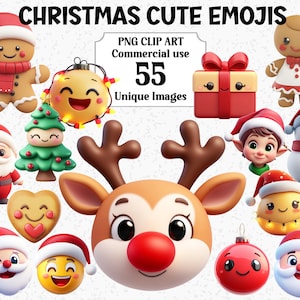 Urocze świąteczne EMOJI Clipart, Emotikony do pobrania natychmiast, Twarze do użytku komercyjnego, Święty Mikołaj Bałwan Renifer, Przezroczysty pakiet sublimacji PNG