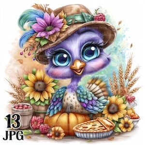 May include: A whimsical illustration of a purple bird wearing a brown hat adorned with flowers and feathers. The bird is surrounded by sunflowers, wheat, a pumpkin, and a pie. The image has the text "13 JPG" in the lower left corner.