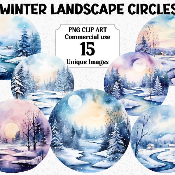 Winter Landscape Circles Watercolor Christmas Clipart Scenes, Craft Sublimation Decorations Instant Download Commercial use Transparent PNGs