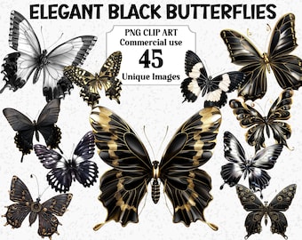 Clipart élégant de papillons noirs, téléchargement immédiat, travaux manuels numériques, usage Commercial PNG transparent or PNG sublimation insectes lot