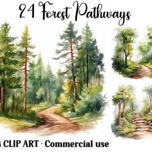 Op de afbeelding: Een set van 24 aquarel illustraties van bospaadjes. De afbeeldingen tonen kronkelende paden door weelderige groene bomen, met de nadruk op de natuurlijke schoonheid van het bos.
