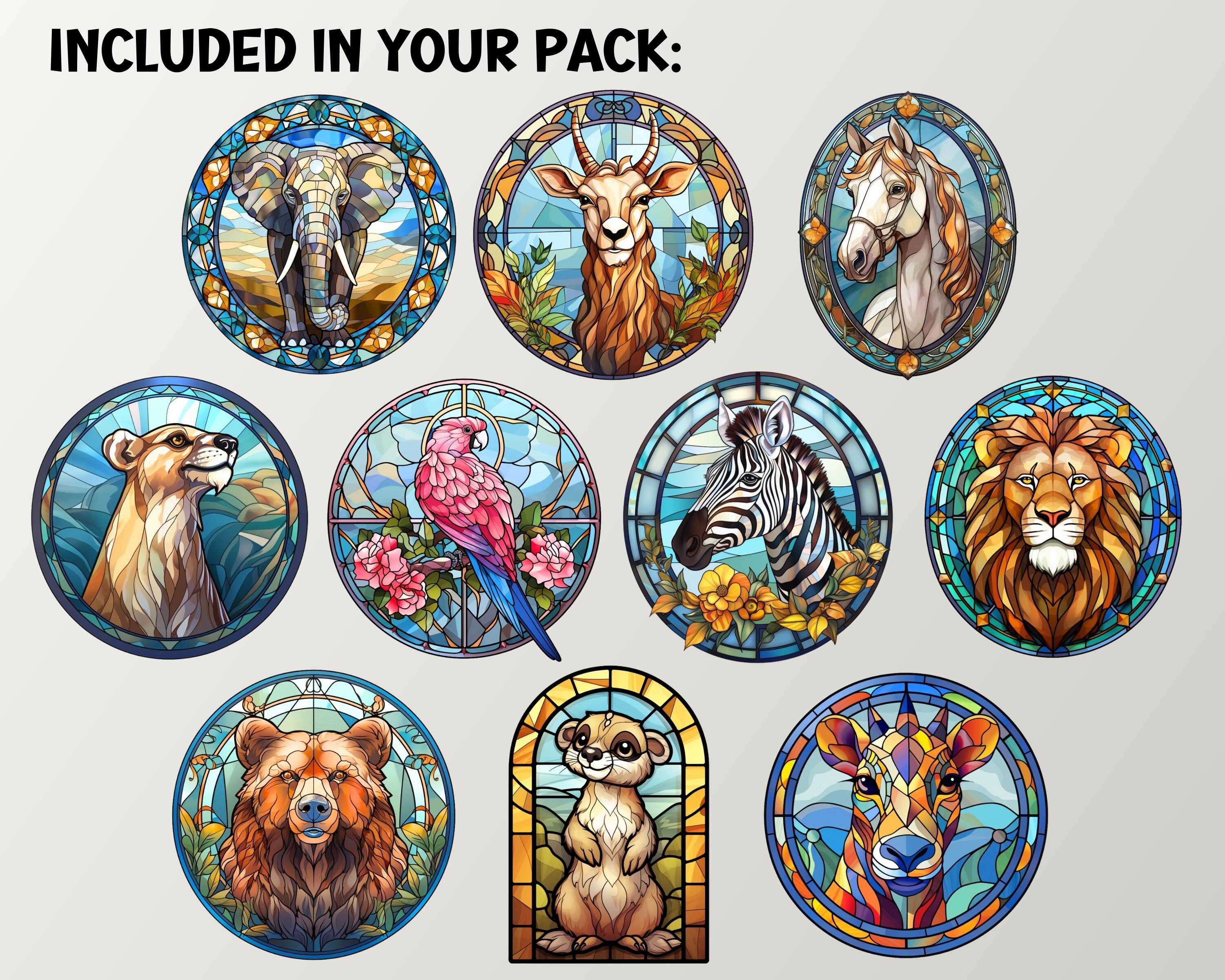 Wild Animals Stained Glass Windows Clipart, Digital & Paper Crafts ...