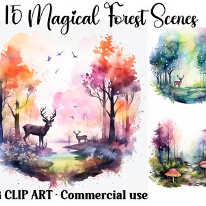 Scene di foresta magica, Clip art ad acquerello, artigianato fantasy digitale e cartaceo / Sfondi paesaggistici con download immediato, JPG per uso commerciale