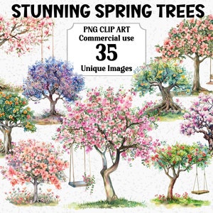 Superbes cliparts aquarelle d'arbres printaniers, artisanat floral numérique, téléchargement immédiat, utilisation commerciale, lot de sublimation PNG de fleurs transparentes