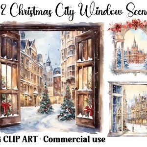 Kerst stad raam scènes aquarel clipart, Fantasy Digital/Paper Crafts/achtergronden, afdrukbare winter graphics, commercieel gebruik JPG's
