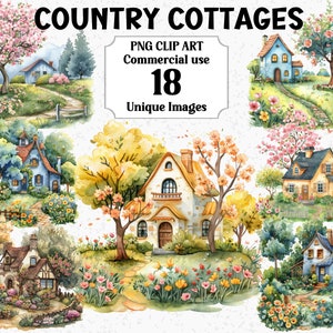 Clipart aquarelle de scènes de jardin de chalets, nature arbres fleurs téléchargement numérique, tout usage commercial PNG transparent sublimation Bundle