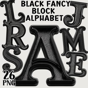 May include: Black fancy block alphabet letters in a decorative font. The letters include A, E, J, M, R, and S. The letters are black with a textured, glittery appearance. The image also includes the text "BLACK FANCY BLOCK ALPHABET" and "26 PNG".