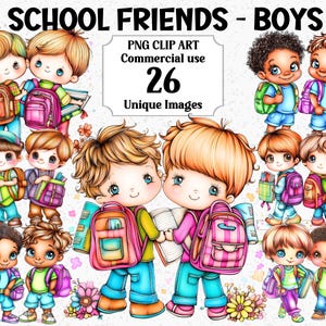 Amici di scuola - Clipart per ragazzi Uso commerciale Bambini Carini Ritorno a scuola Bambini Borse Libri Persone Amici Pacchetto PNG trasparente a sublimazione