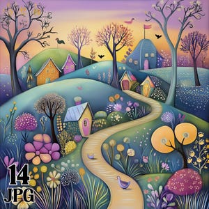 May include: A colourful landscape painting depicting a whimsical village scene with rolling hills, houses, and a winding path. The artwork uses a vibrant palette of blues, purples, yellows, and oranges. Birds and flowers enhance the idyllic scene. The text "14 JPG" is in the lower left corner.