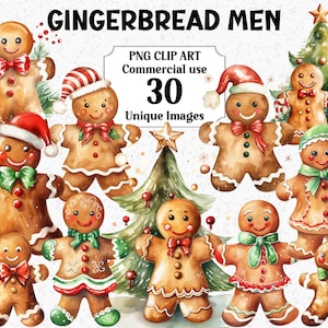 Peperkoek mannen aquarel kerstman clipart, ambachtelijke scrapbooking, instant download commercieel gebruik transparante PNG-sublimatiebundel