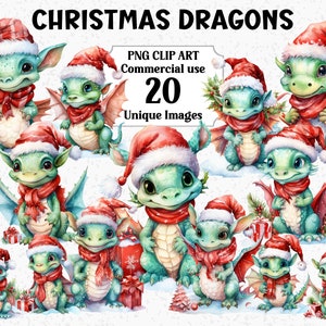 Boże Narodzenie Smoki Akwarela Clip Art, Cyfrowe/Papierowe Rzemiosło, Słodkie Fantasy Animal, Natychmiastowe Pobieranie Komercyjne Wykorzystanie Przezroczyste PNG clipart