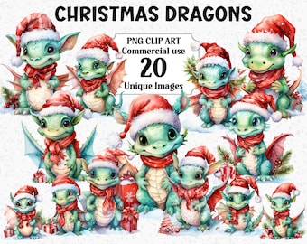 Christmas Dragons Watercolor Clip Art, Digital/Paper Crafts, Cute Fantasy Animal, Instant Download Commercial use Transparent PNG clipart