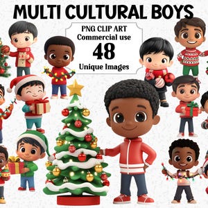Ragazzi di Natale multiculturali - Carino stile 3D Clipart, download immediato Uso commerciale, Bambini e ragazzi Pacchetto PNG trasparente per sublimazione
