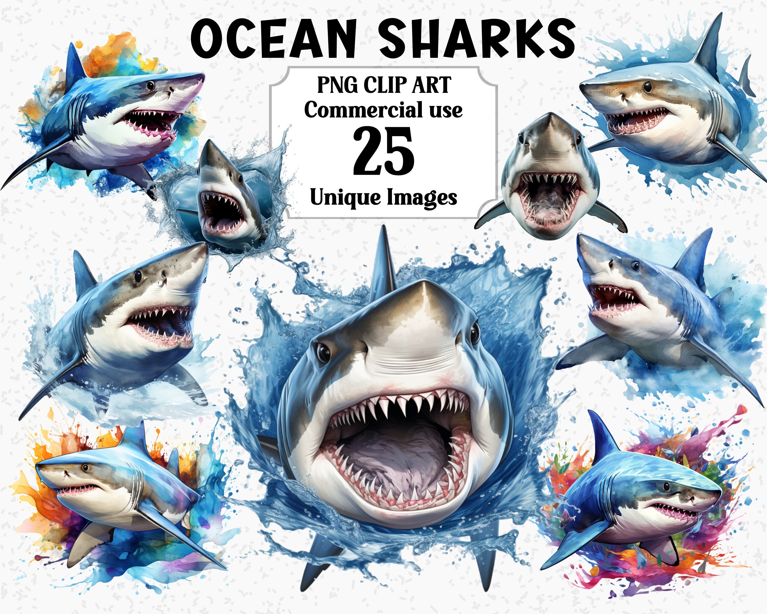 Ocean Sharks Watercolor Clipart 3D Style Animals, Underwater Sea Life ...