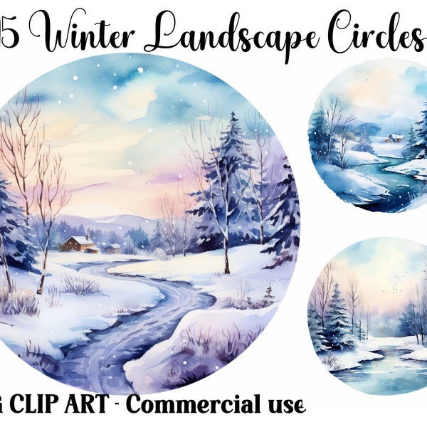 Winter Landscape Circles Watercolor Scenes Clipart, Digital Paper Craft, Instant Download seasonal Christmas backgrounds Commercial use JPGs