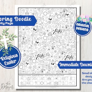 May include: A black and white printable colouring page with a religious Easter theme. The page features a variety of Easter symbols, including crosses, eggs, bunnies, and flowers. The text "Religious Easter Search & Colour - How many can you find?" is at the bottom of the page.