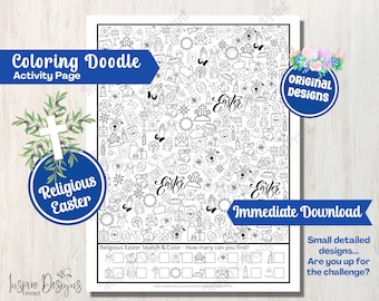 Religious Easter Search & Color Doodles - I SPY Printable Counting Page - Adults + Kids Holiday Seasonal Vacation Party Activity Craft Sheet