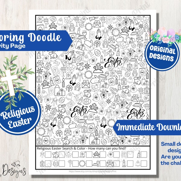 Religious Easter Search & Color Doodles - I SPY Printable Counting Page - Adults + Kids Holiday Seasonal Vacation Party Activity Craft Sheet