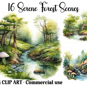 Serene bosscènes aquarel clipart, Digital/Paper Craft, Instant Download seizoensgebonden natuur plant achtergronden, commercieel gebruik JPG-bundel