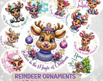 May include: A collection of ten circular reindeer ornaments with unique designs. Each ornament features a cartoon reindeer with festive accessories and holiday-themed text. The ornaments are in various colors, including blue, pink, and green.