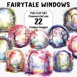 Scene di Windows da favola Acquerello Paesaggio Clipart, Scrapbooking Card Digital Craft, Download istantaneo, Pacchetto di sublimazione PNG trasparente