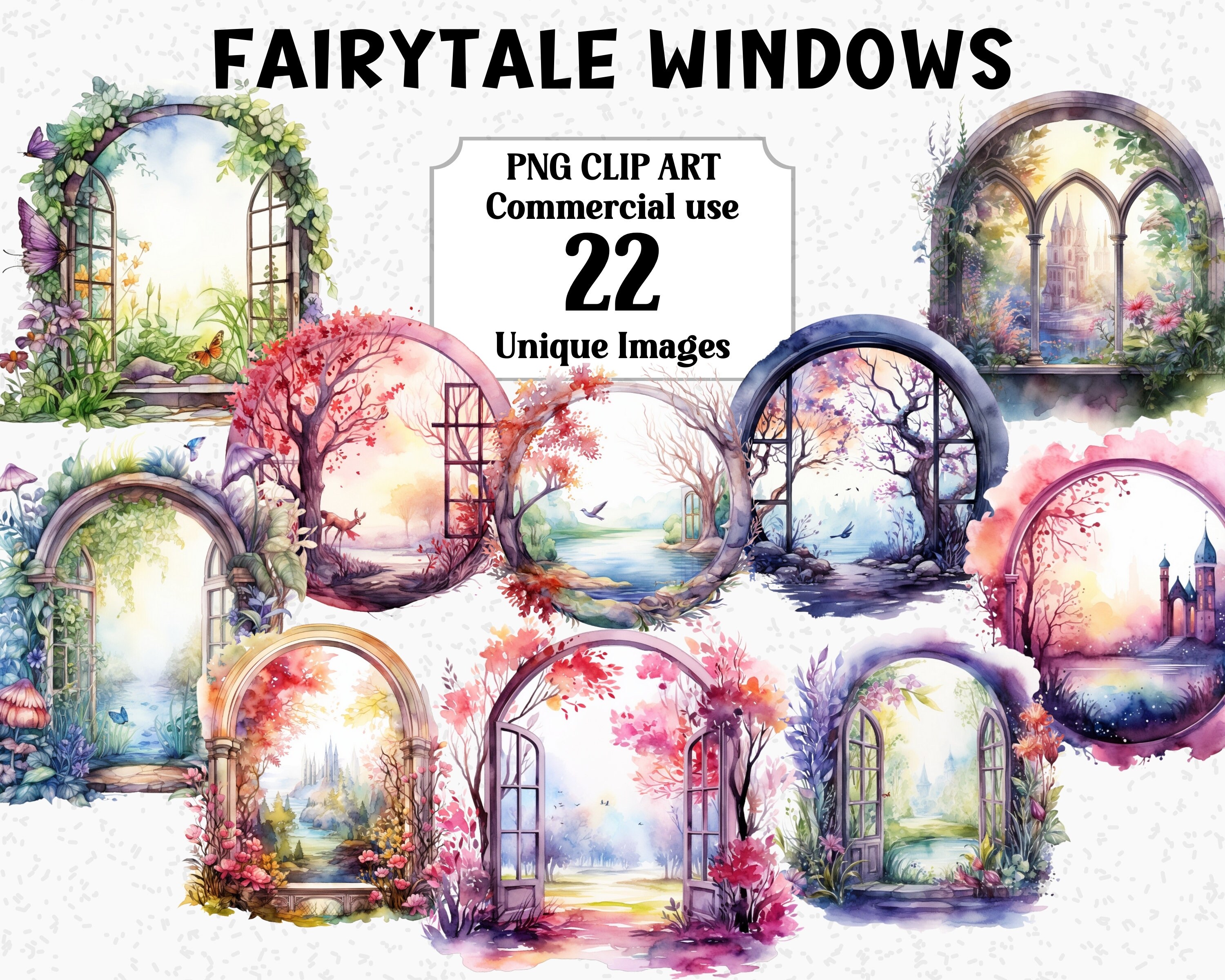 Fairytale Windows Scenes Watercolor Landscape Clipart, Scrapbooking ...
