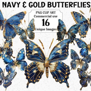 Clipart papillons bleu marine et or, créations numériques, téléchargement immédiat, tout usage commercial PNG Transparent papillon insectes sublimation Bundle