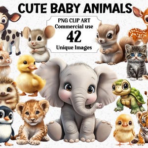 Cute Baby Animals PNG Clipart - Instant Download Commercial use, tigers cats dogs elephant ducks mice lions, Transparent Sublimation bundle