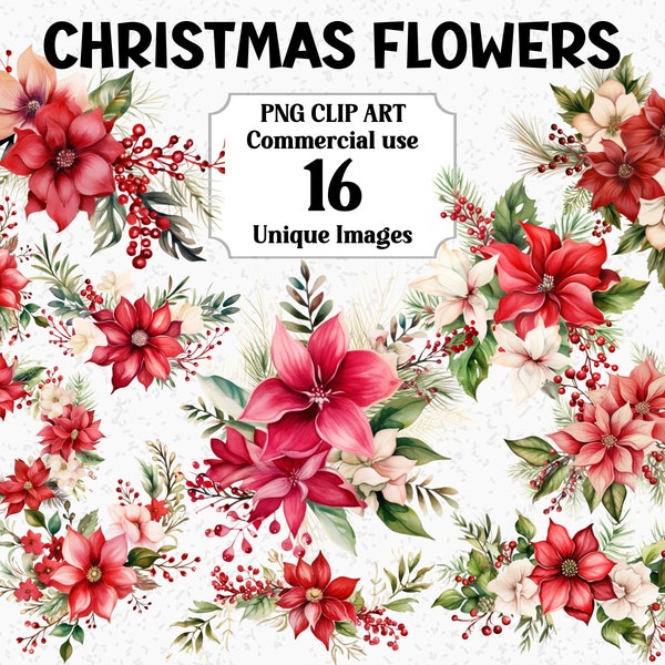 Christmas Flowers Watercolor Clipart, Invitation Craft & Card Decorations, Red Xmas sublimation - Transparent PNG Digital Download bundle
