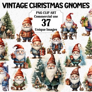 Vintage Christmas Gnomes Akwarela Clipart, Karty Zaproszenia Xmas Rzemiosło, Natychmiastowe Pobieranie Komercyjne Wykorzystanie Przezroczysty PNG Sublimacja Pakiet