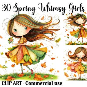 30 cliparts filles fantaisistes printemps, créations numériques/papier, téléchargement immédiat, drôles de filles de saison, arrière-plans mignons, usage commercial JPG Bundle