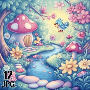 Cliparts caprichosos, cenas fofas de fantasia de floresta, papel digital, download instantâneo, fundos de contos de fadas em tons pastel, uso comercial abstrato, pacote JPG