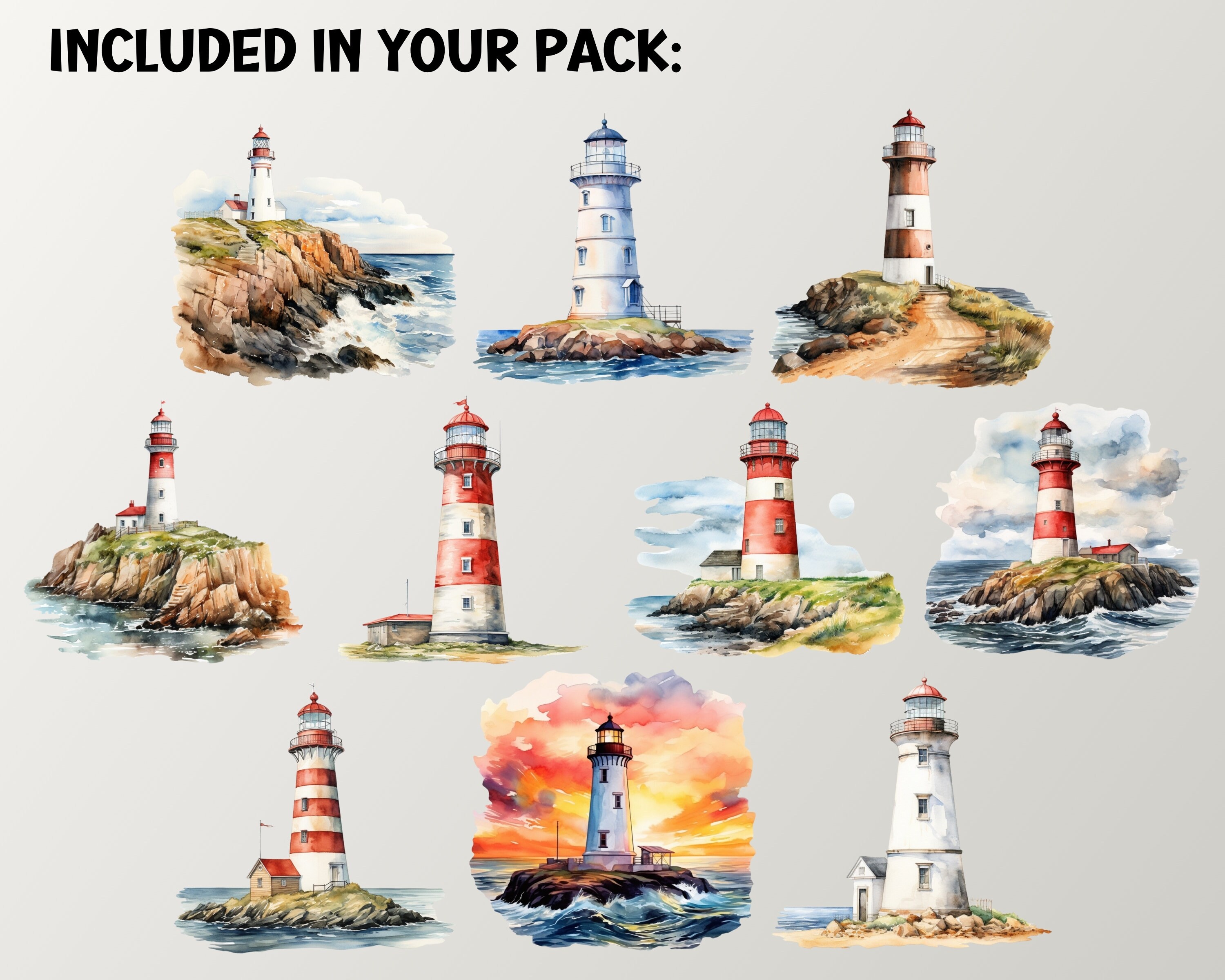 Coastal Lighthouses Watercolor Clipart, Digital & Paper Craft, Instant ...