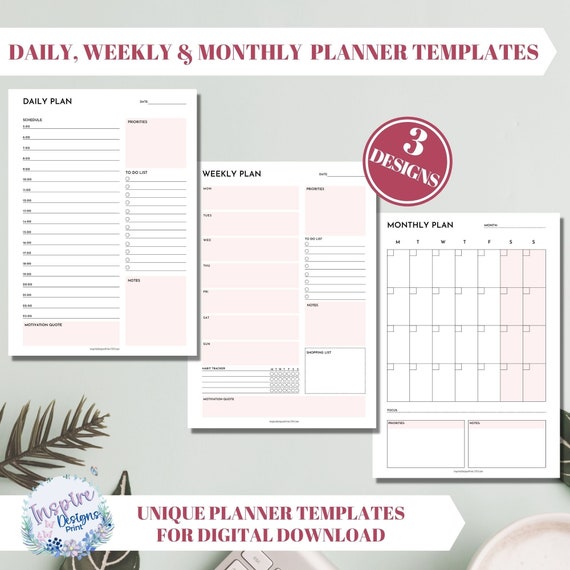 Daily Weekly Monthly Printable Planner Templates for Instant - Etsy