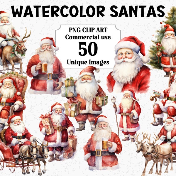 Watercolor Santas Christmas Clipart, Craft Cards Invites Decorations, Instant Download Commercial use Transparent PNG sublimation bundle