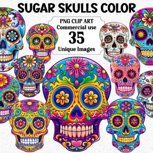 Sugar Skulls Farbe, Gothic Skelett Aquarell Clipart, Sofort Download, Halloween / Tag der Toten Transparente PNG Sublimation Bundle