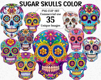 Sugar Skulls Color, Gothic Skeleton Watercolor Clipart, Instant Download, Halloween / Day of the Dead Transparent PNG Sublimation Bundle