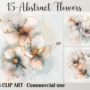 15 imágenes prediseñadas de flores abstractas en acuarela color melocotón y negro, manualidades florales digitales/de papel, fondos de descarga instantánea, paquete JPG para uso comercial