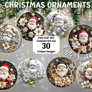 3D Effekt niedlichen Santas Weihnachten Kreis Ornamente, sofortiger Download festliche Runde kommerzielle Clipart transparent Weihnachten PNG Sublimation Bundle