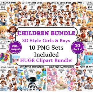 MEGA-bundel voor kinderen, jongens en meisjes! Leuke clipart Kleine kinderen doen klusjes Transparante commerciële mensen Sublimatie 3D-stijl PNG's Bulkset
