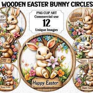 Hölzerne Osterhase Kreise Zeichen Clipart, niedliche Kaninchen digitales Handwerk, sofortiger Download, kommerzielle Nutzung transparente PNG Sublimation Bundle
