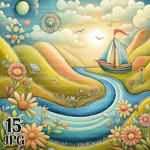 Scene di fiume fantasiose Clipart Sfondi colorati Carta digitale originale per laghi Download immediato Pacchetto JPG commerciale di paesaggi acquatici divertenti